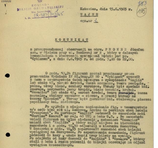 doniesienie agenturalne na Józefa Prowera